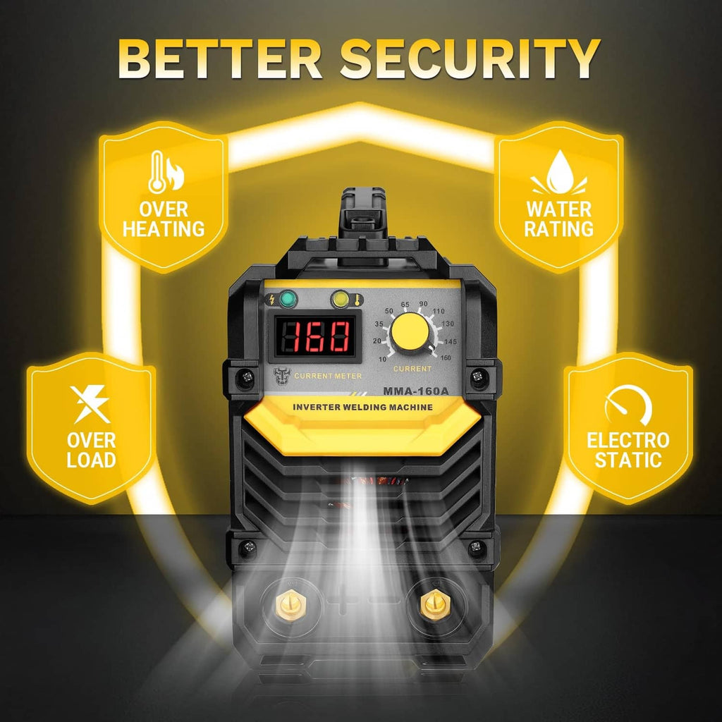 Front panel of gray and yellow MMA inverter welder with illuminated indicator lights