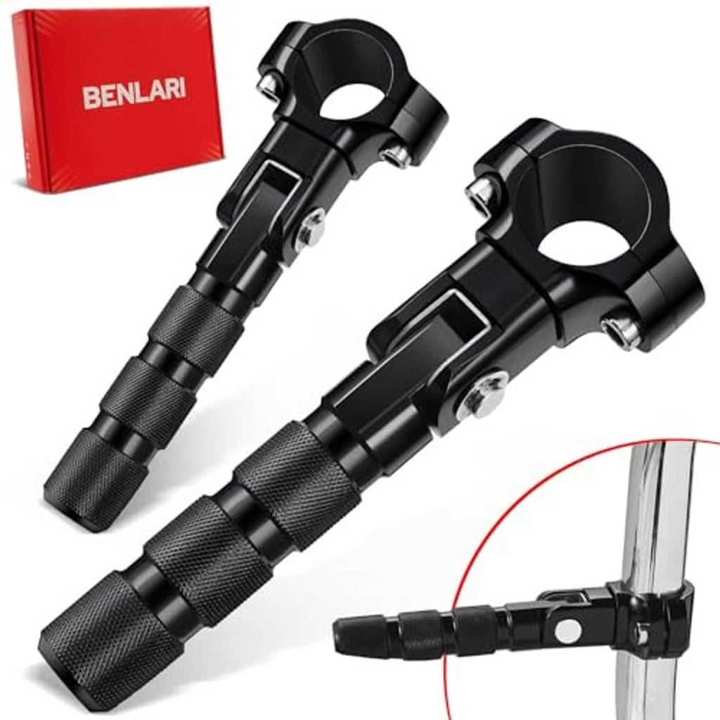Pair of black motorcycle foot pegs with textured rubber-style grips and clamp mounts.