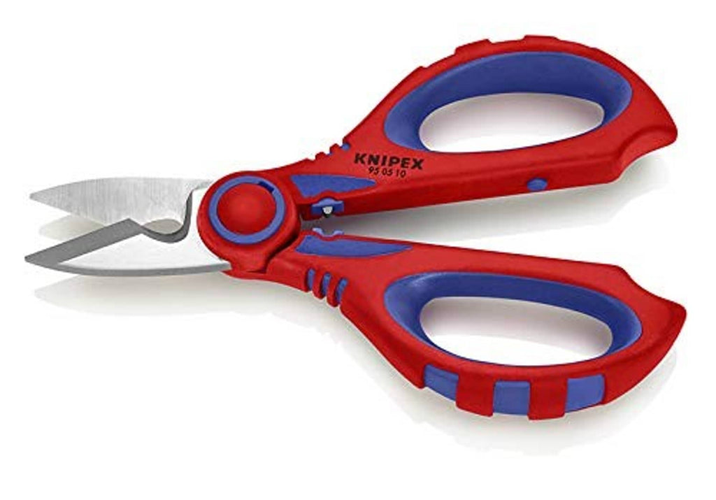 Electricians' shears with crimp area, red and blue handles, serrated jaws and cutting tips