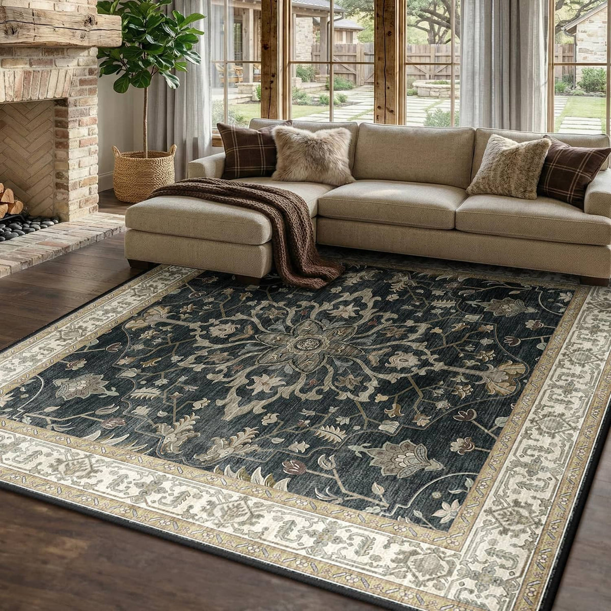 Washable area rug with dark floral pattern and light beige edge border