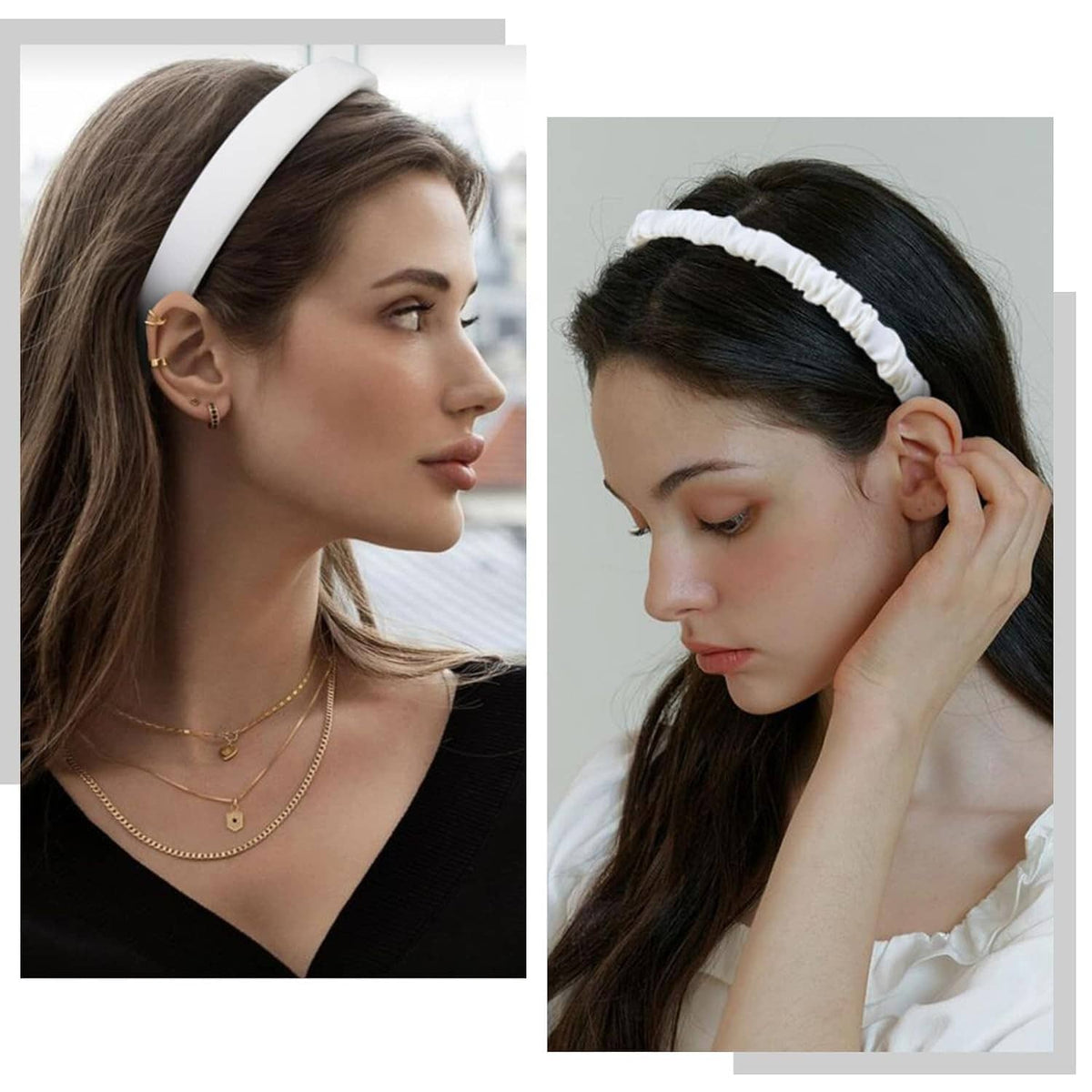 White ruched headband styled in side and front views