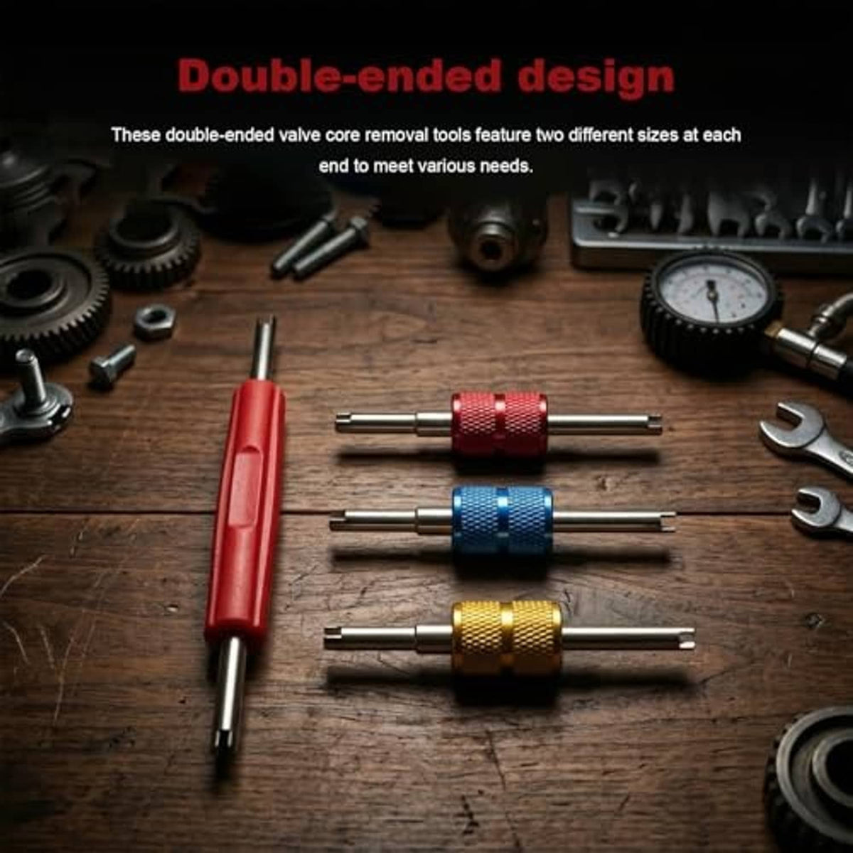Double-ended A/C valve core remover tools with red, blue, and gold textured aluminum handles