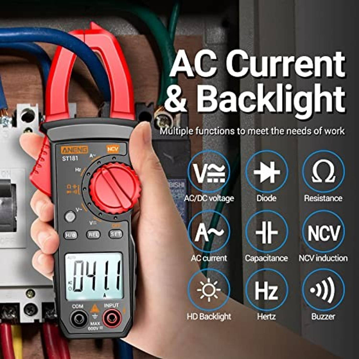 Handheld red clamp meter showing AC current and function icons on lit display