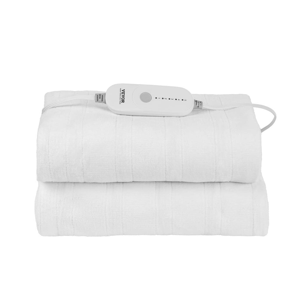Heated mattress pad with control unit and cords, white fleece cover, auto-off feature