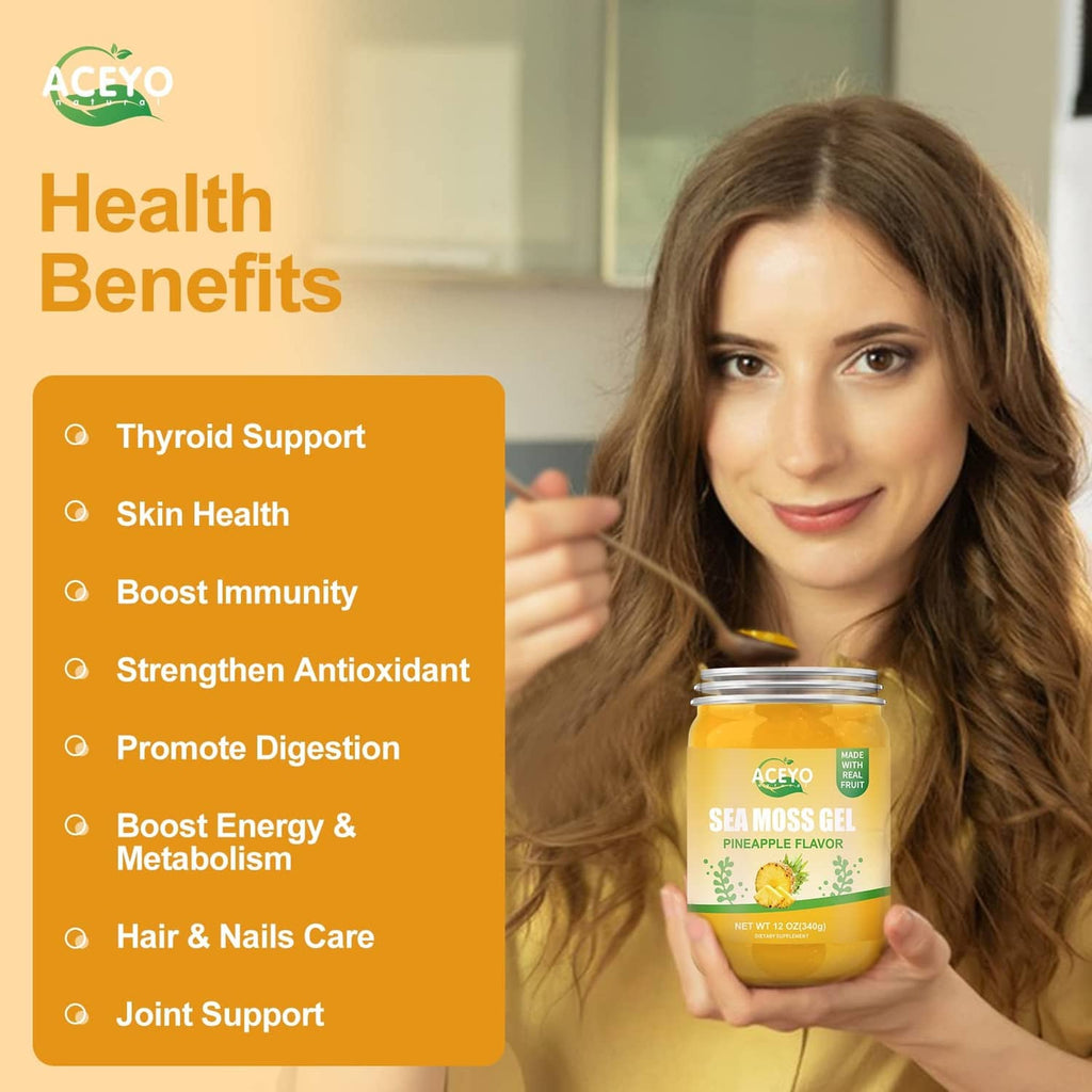 Sea moss gel jar held by a woman, ACEYO pineapple flavor label