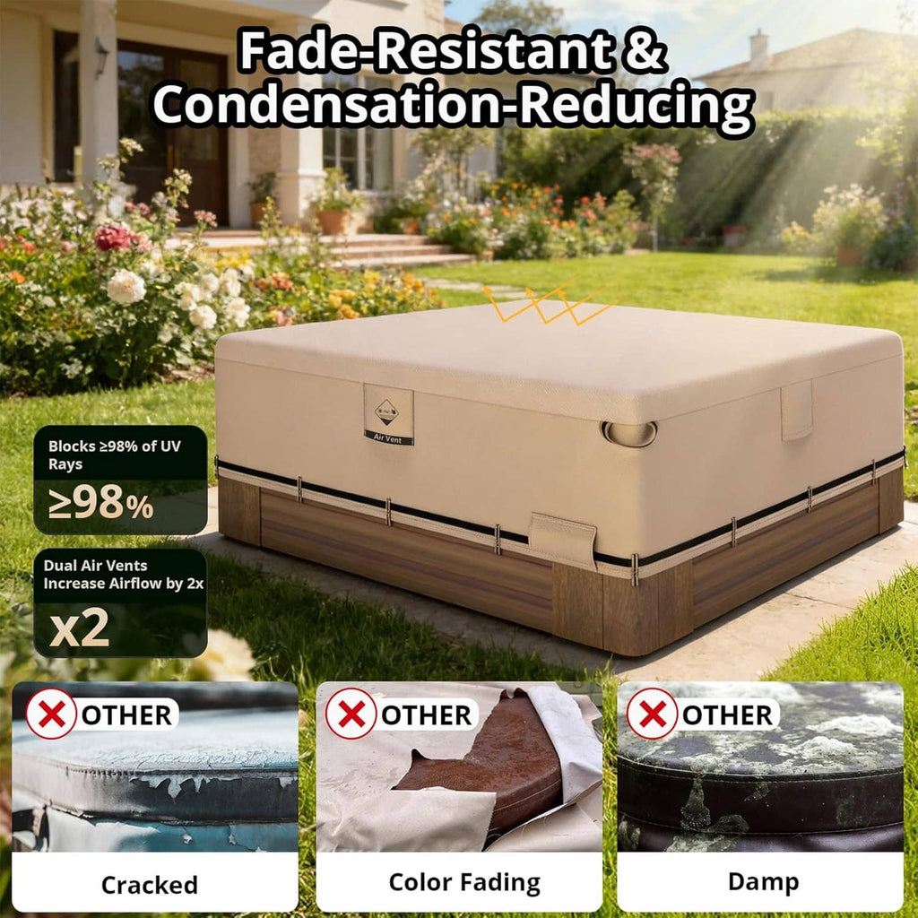 Beige hot tub cover with dark brown skirt, zippered flap, and edge strap system