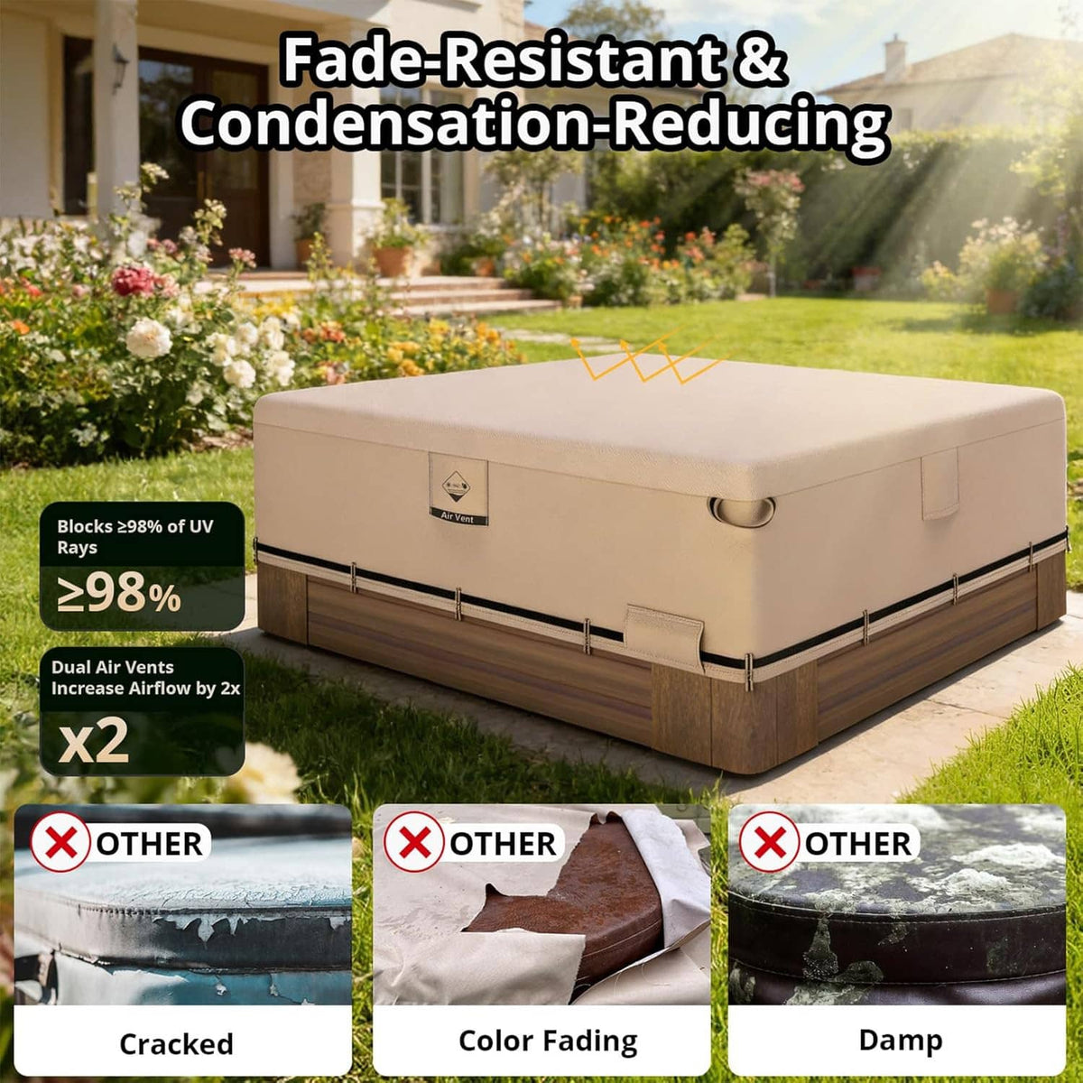 Beige hot tub cover with dark brown skirt, zippered flap, and edge strap system
