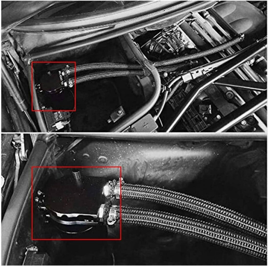Oil catch can installed in engine compartment with attached hoses and mounting points
