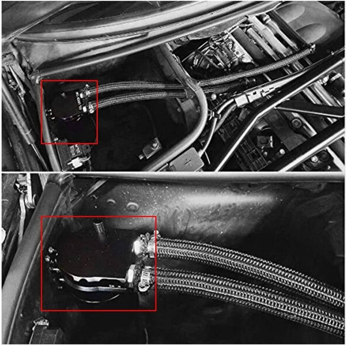 Oil catch can installed in engine compartment with attached hoses and mounting points