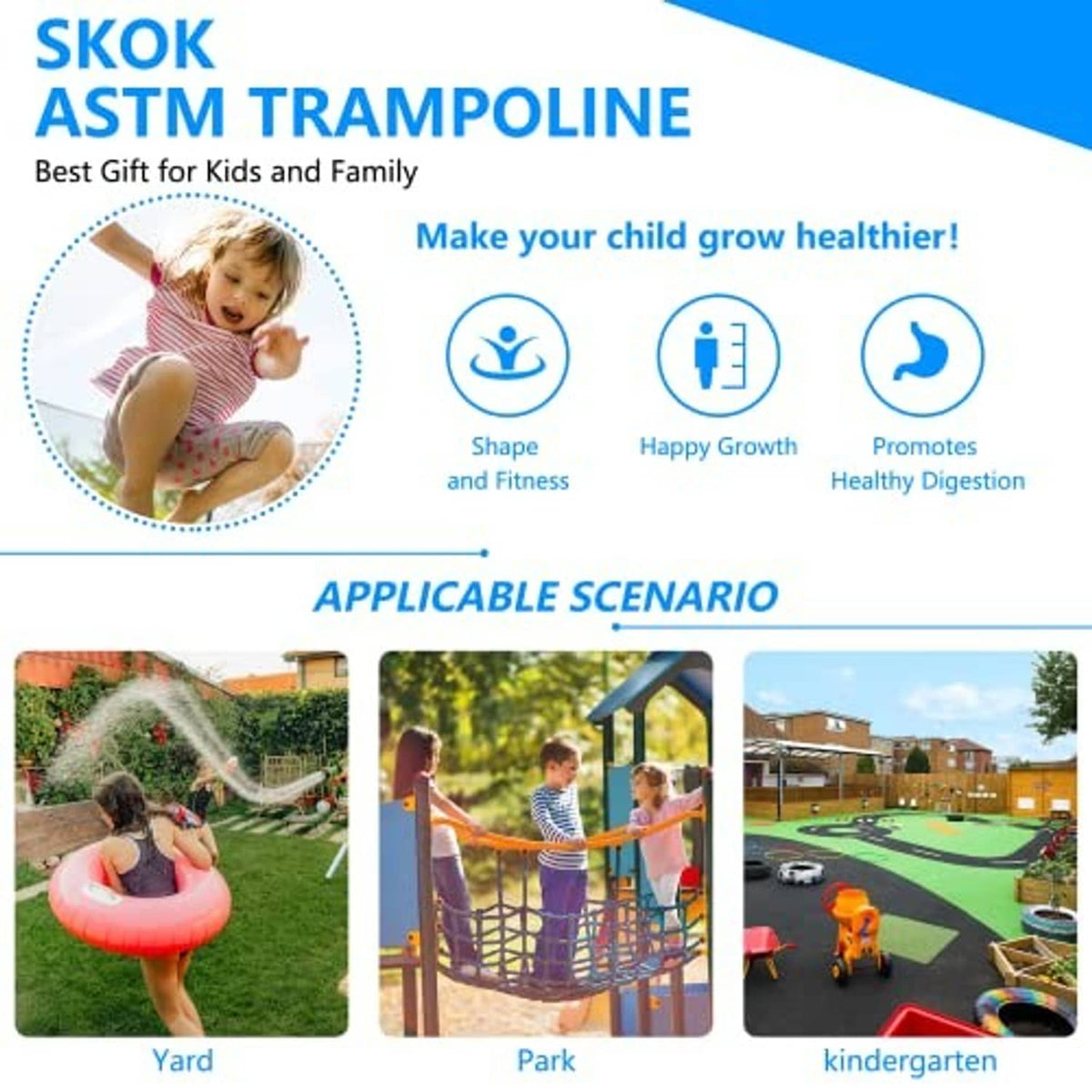 Kids trampoline infographic showing children on a round jumping mat