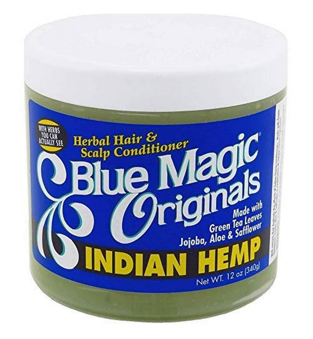 Blue Magic Indian Hemp herbal hair & scalp conditioner jar, front label close-up