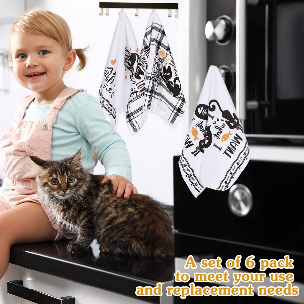 Set of 6 cat-themed kitchen towels with hanging loops displayed on a rack