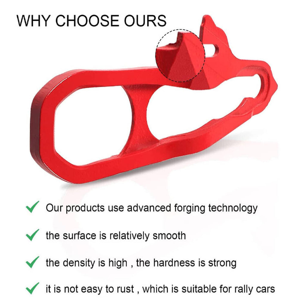 Red front tow hook with loop-style opening and mounting hole