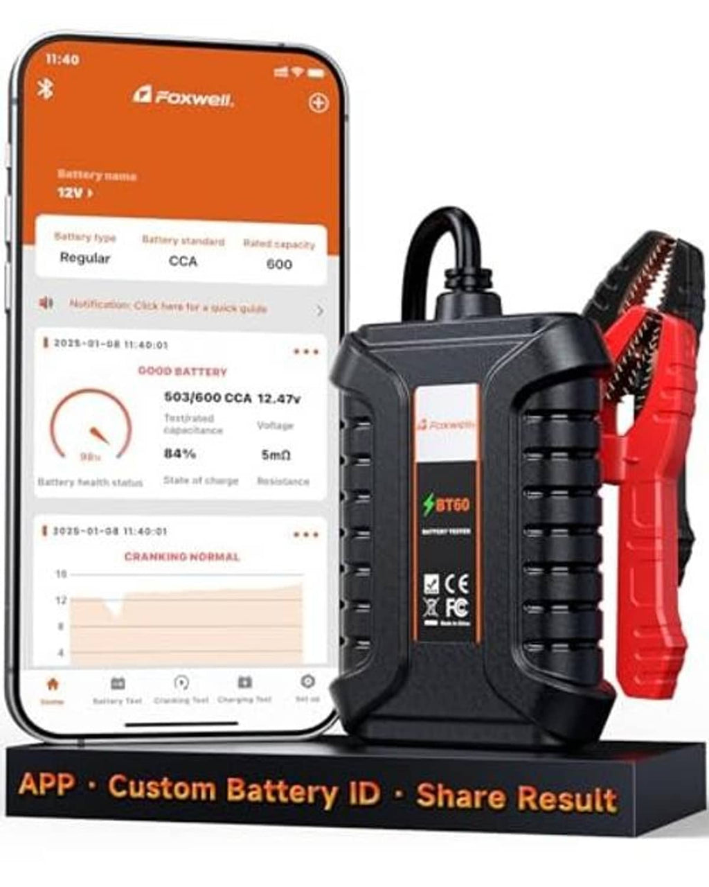 Wireless 12V battery tester on base with red clamp and smartphone app results
