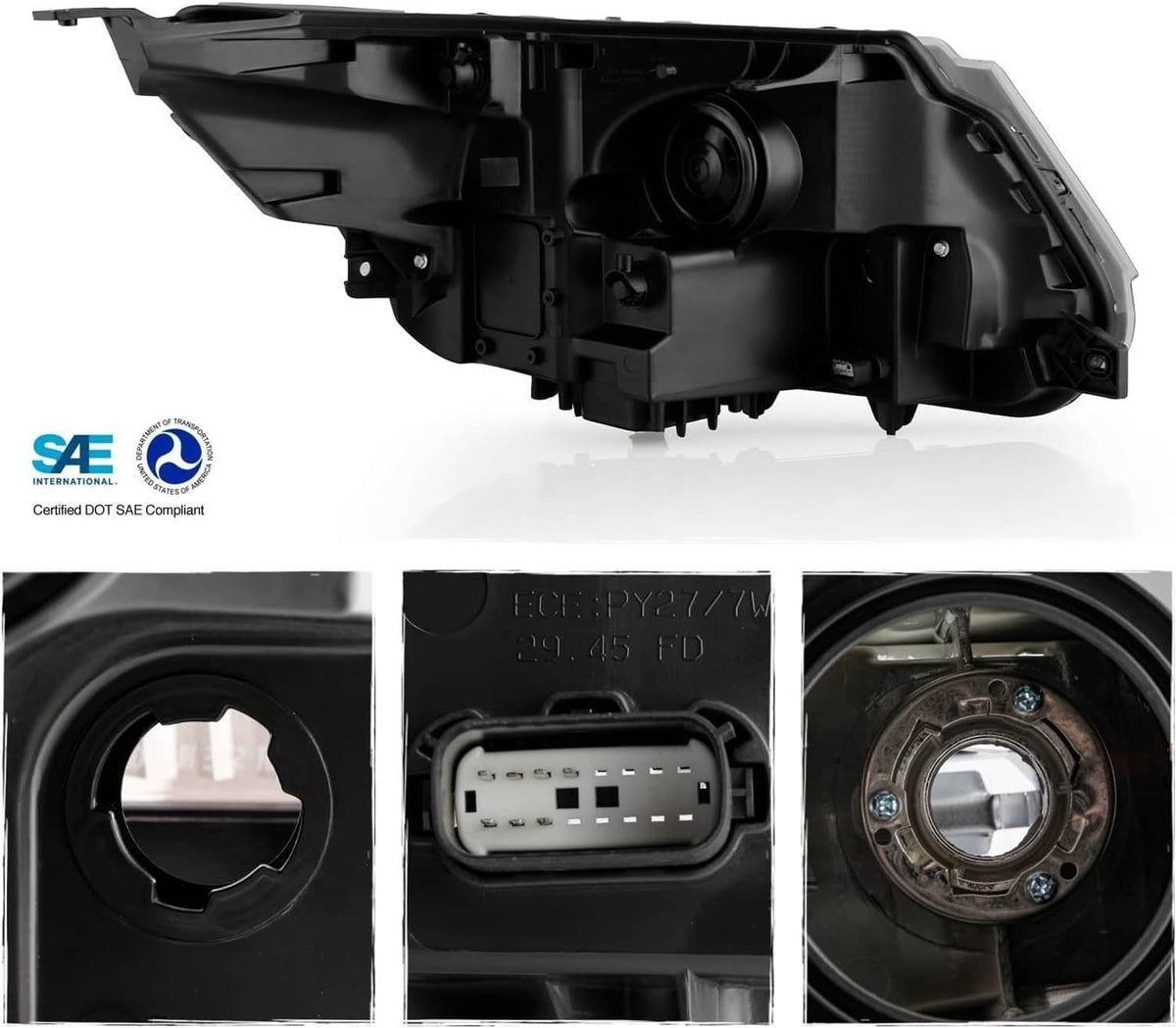 Headlight assembly housing showing projector bulb and wiring connectors on black back plate