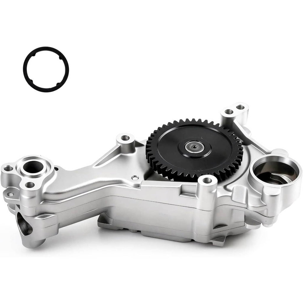 Engine oil pump with black gear wheel and silver aluminum housing, multiple ports