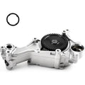 Engine oil pump with black gear wheel and silver aluminum housing, multiple ports