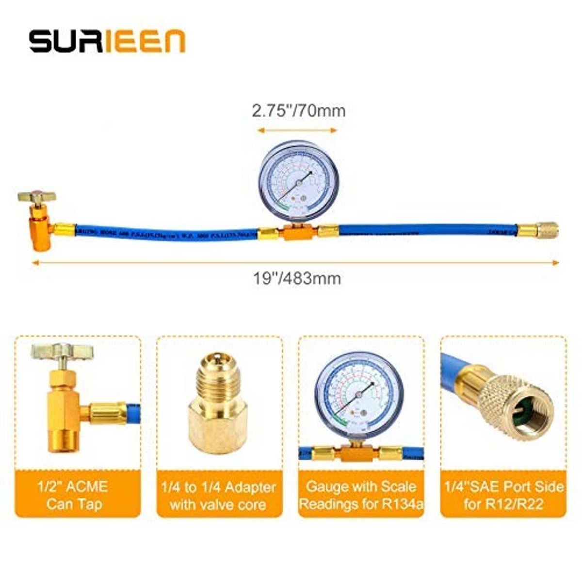 AC hose recharge kit layout with dial gauge and brass adapters, 2.75 and 19 in hose length