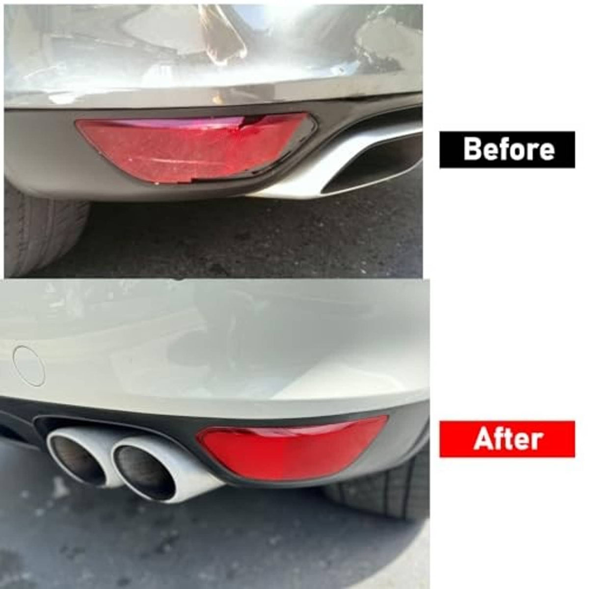 Red rear bumper reflectors installed on rear bumper with black trim housings