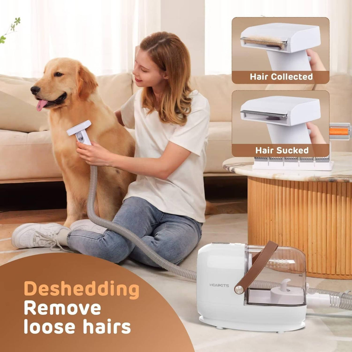 Dog deshedding vacuum kit with handheld brush attachment and hair-collection bin
