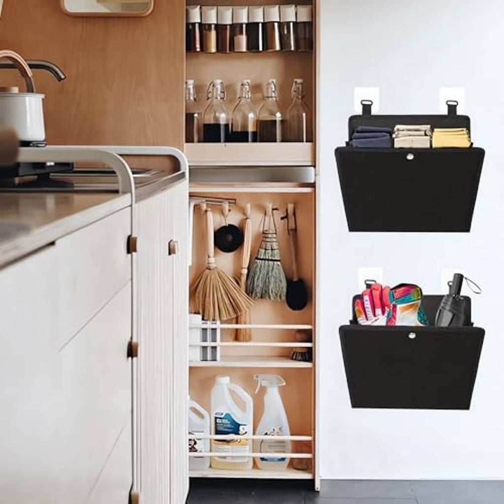 Black foldable wall-mounted pocket organizer for shoes shown on an RV interior