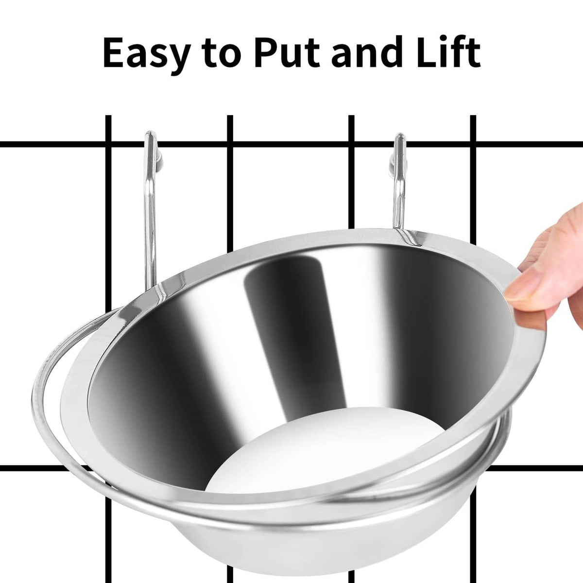 Close-up stainless steel hanging bowl with raised rim and lifting hand