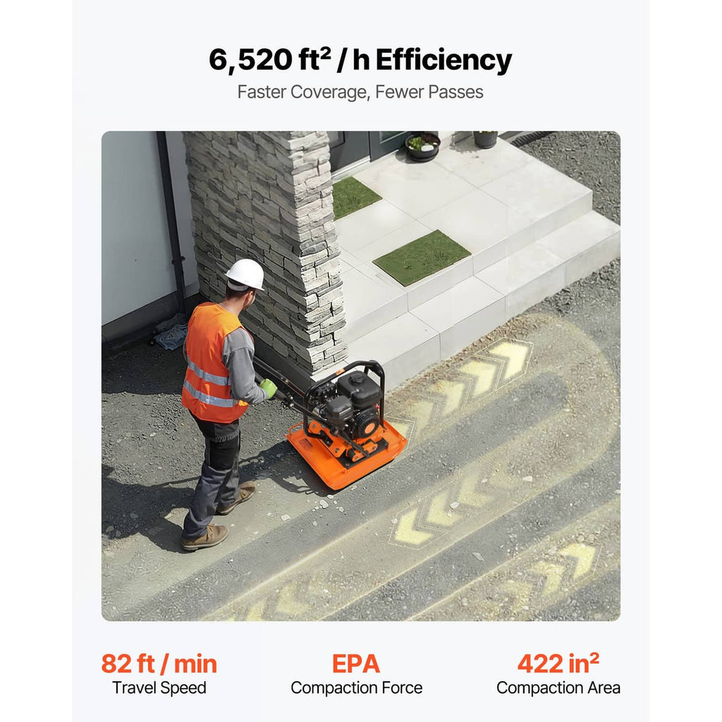 Orange plate compactor in use with operator next to front plate