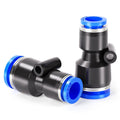 Pneumatic straight reducer fitting set with dark metal body and blue end rings