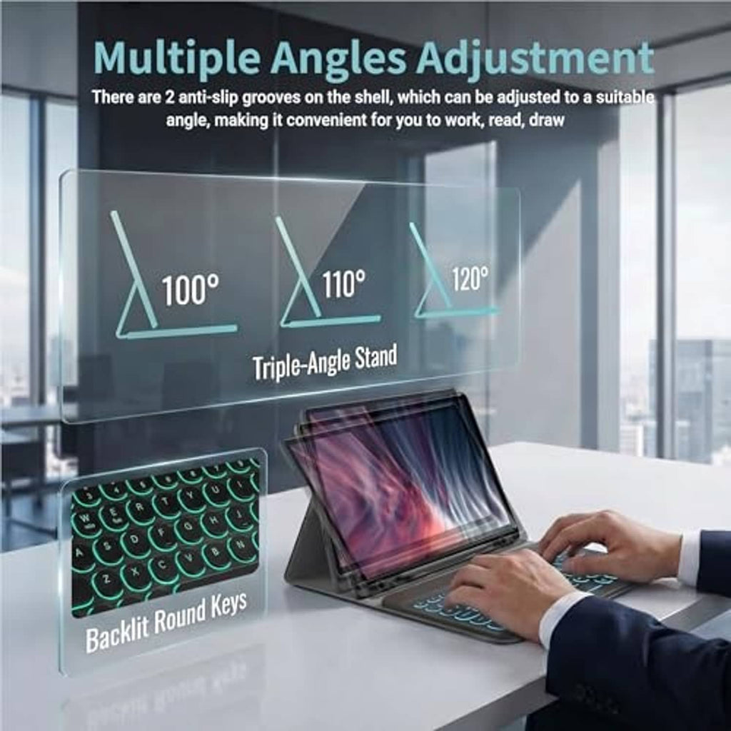 Black tablet keyboard case with green backlit keys and adjustable stand angles