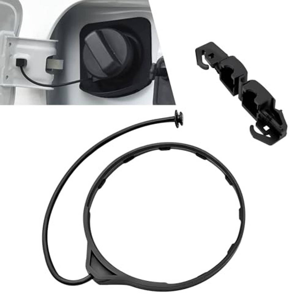 Black fuel filler cap tether strap with mounting clip and rubberized cord