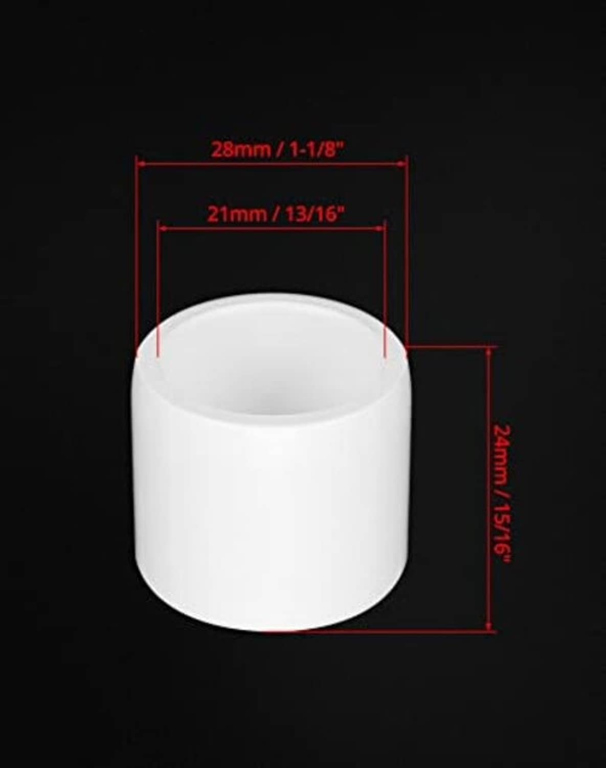White PVC pipe end cap dimensions shown: 28mm top and 21mm opening