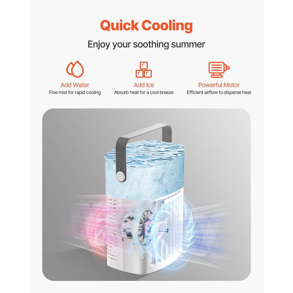 Portable evaporative air cooler shown in white with control panel and rear airflow louvers