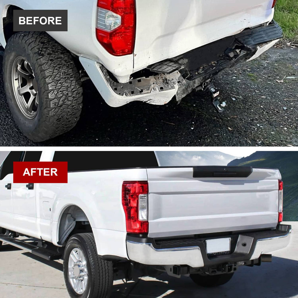 After installation: rear step bumper on truck with black step surface and chrome-trim accents