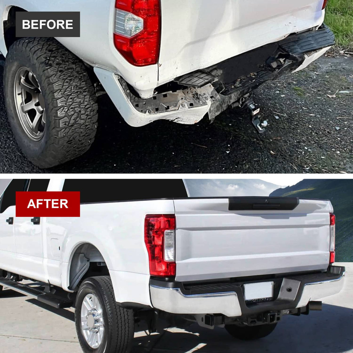 After installation: rear step bumper on truck with black step surface and chrome-trim accents