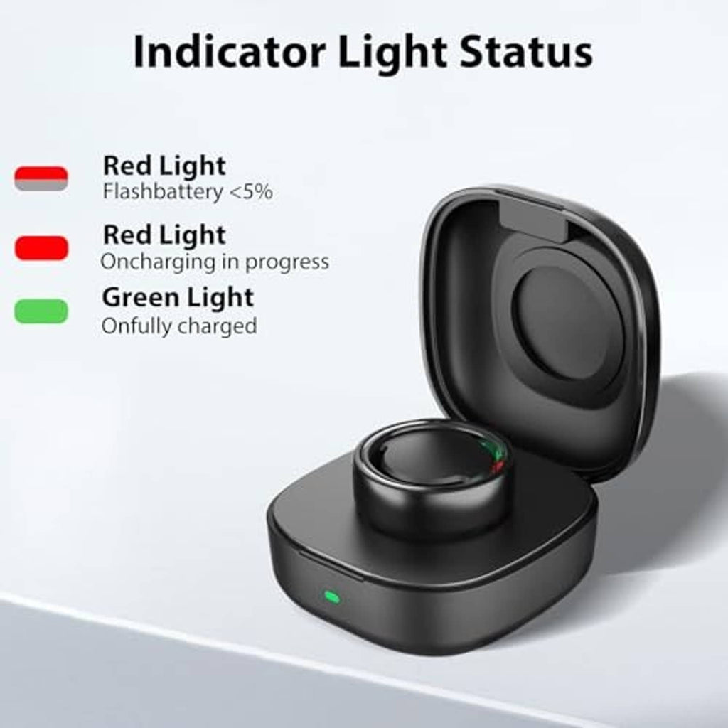 Black wireless charging case with ring holder, open lid, green indicator light