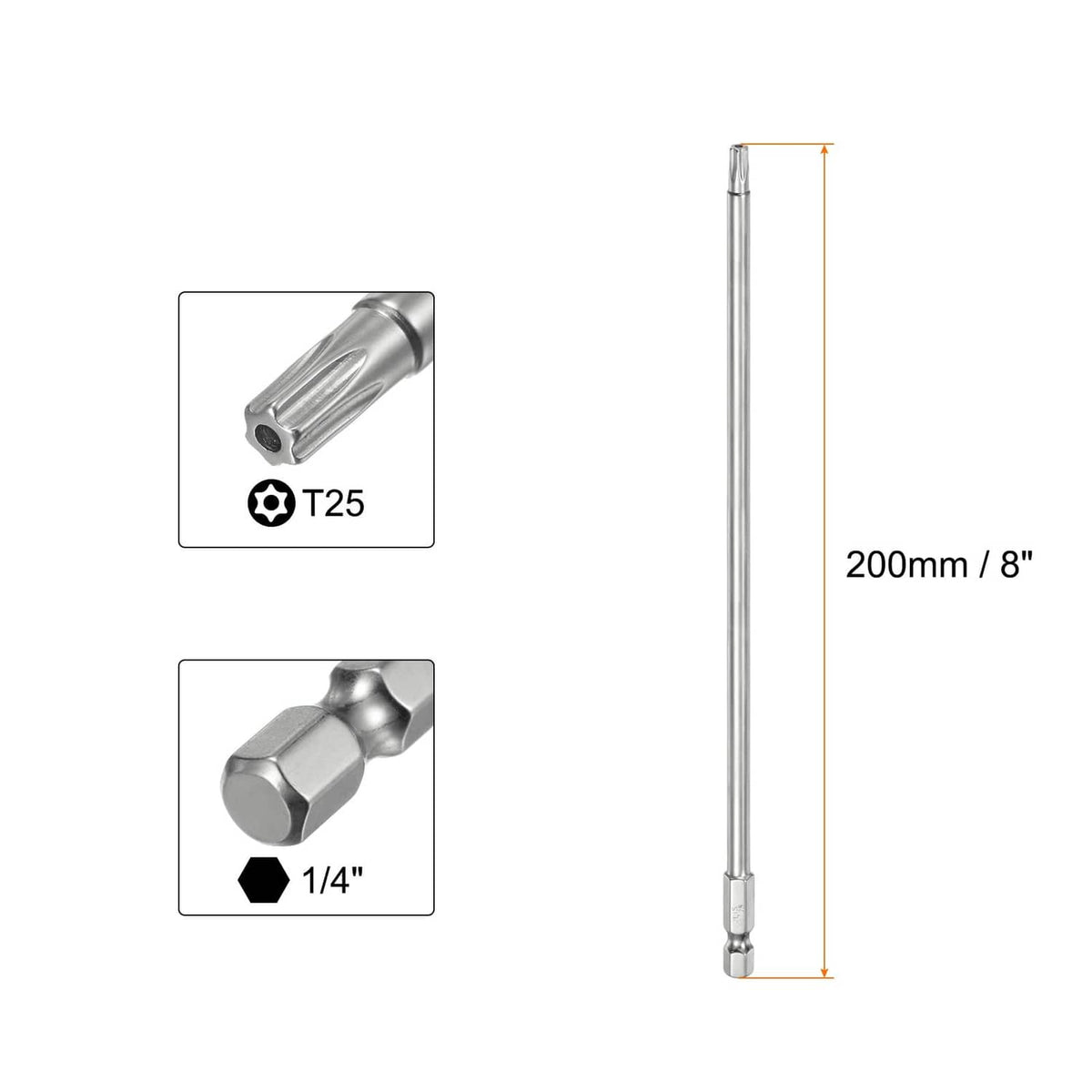 Security Torx T25 bit set, 1/4-inch hex shank, 8-inch length with tip detail