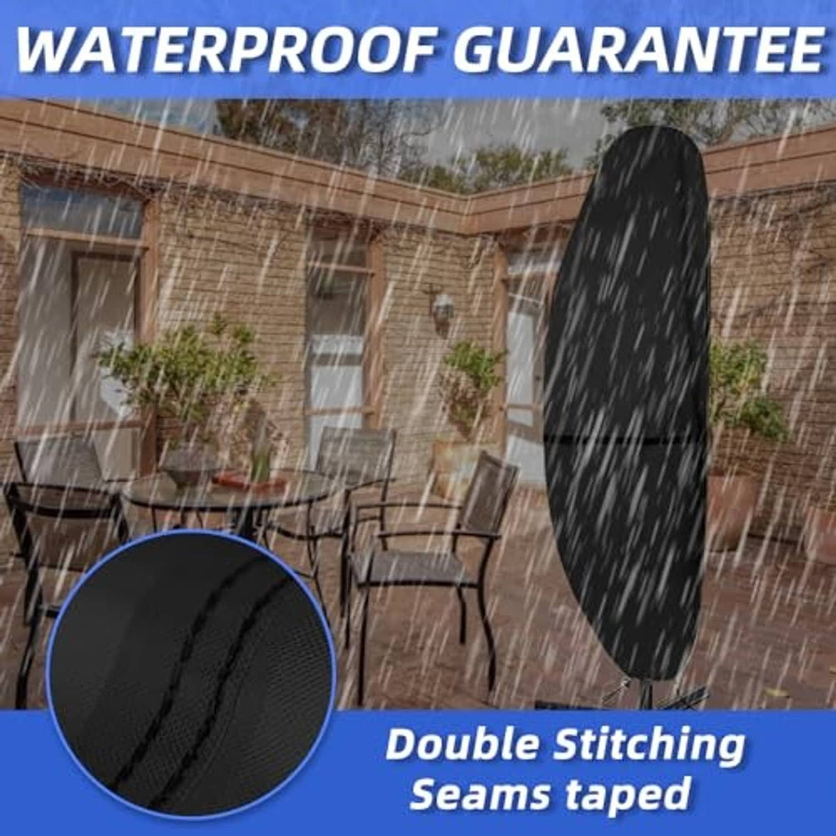 Black waterproof umbrella cover with double-stitch seams and reinforced taped stitching