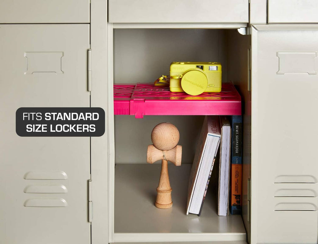 Pink locker shelf in standard-size locker, holding small items and notebooks