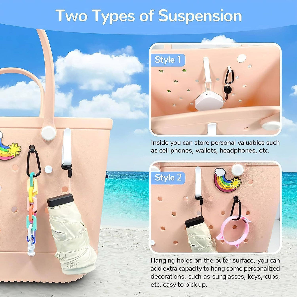 Bag organizer insert with hook suspension for hanging personal items like keys and headphones