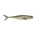 Minnow fishing lure in olive-yellow with blue speckles and side stripe, twin tail fin
