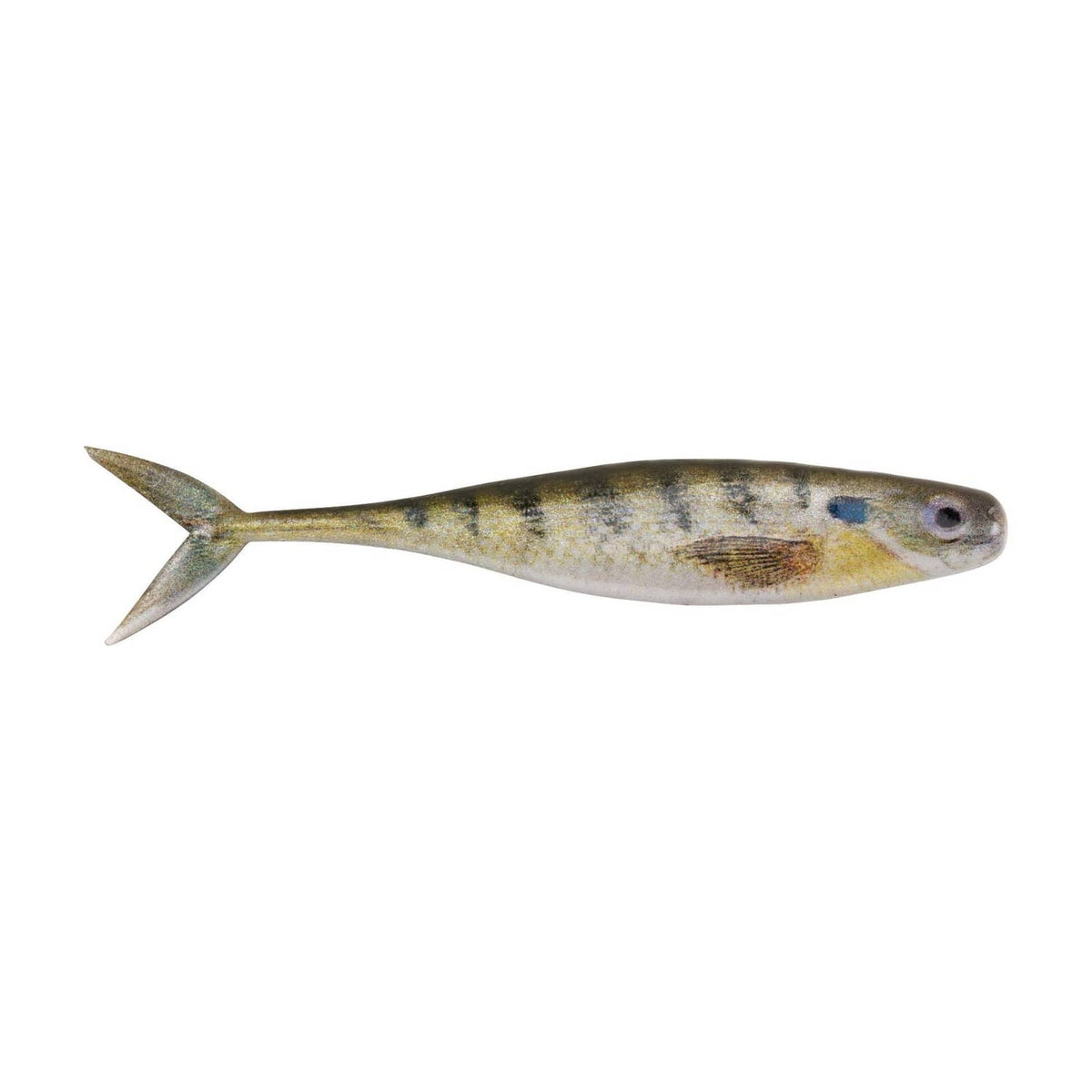 Minnow fishing lure in olive-yellow with blue speckles and side stripe, twin tail fin