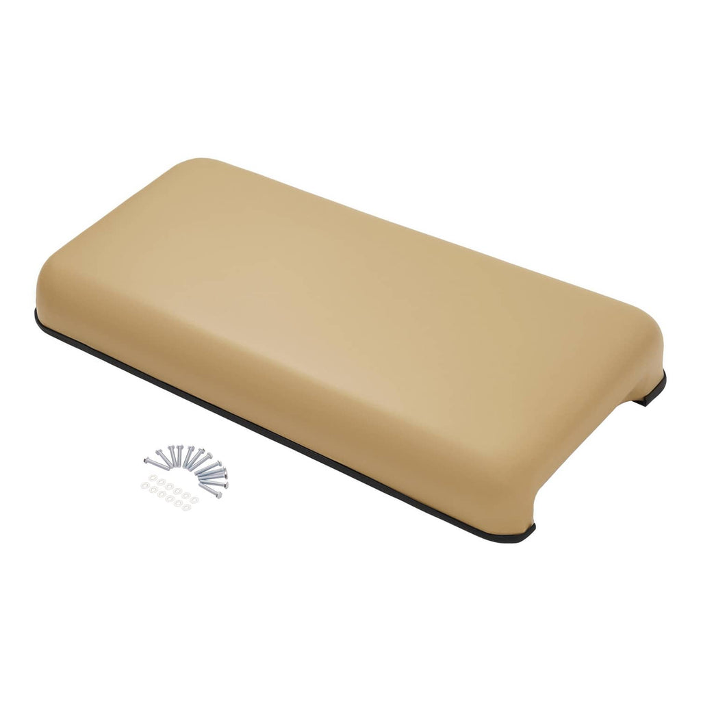 Tan golf cart front seat bottom cushion, rectangular foam pad with black edge trim