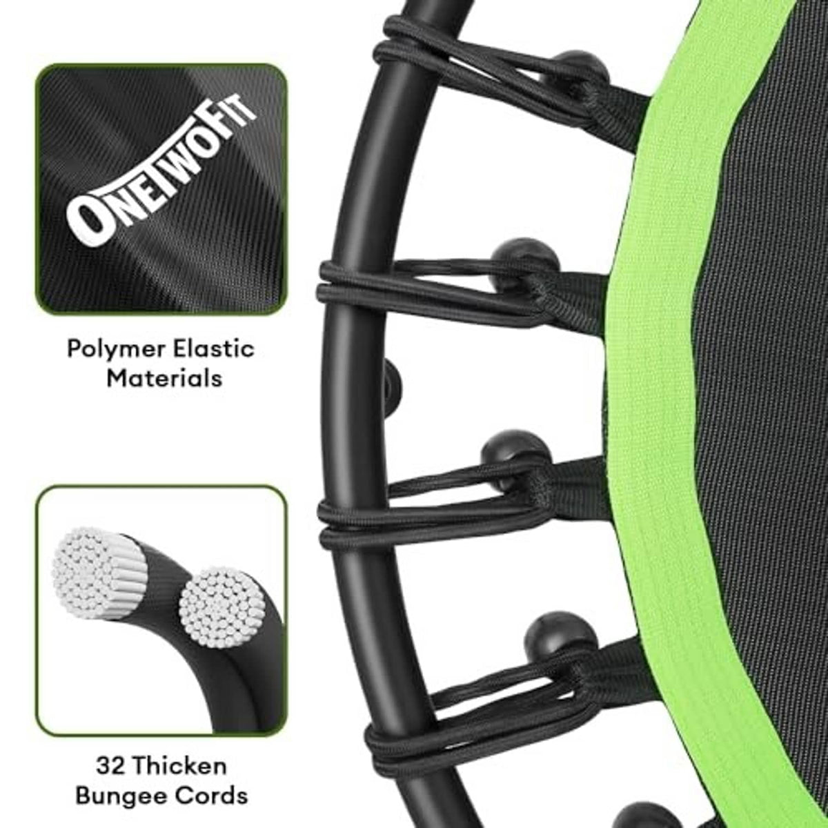 Mini trampoline edge close-up with black bungees and bright green jumping mat border