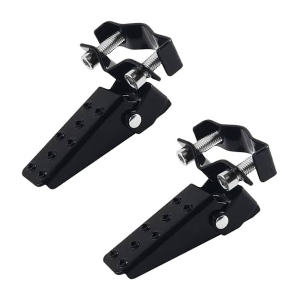 Pair of black foldable clamp-on motorcycle foot peg brackets with screws attached