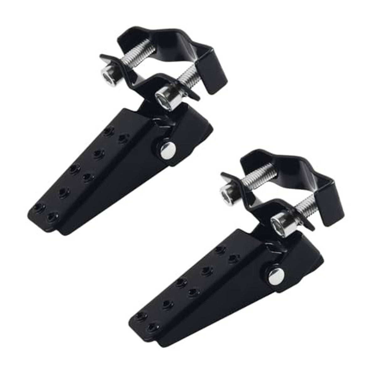 Pair of black foldable clamp-on motorcycle foot peg brackets with screws attached