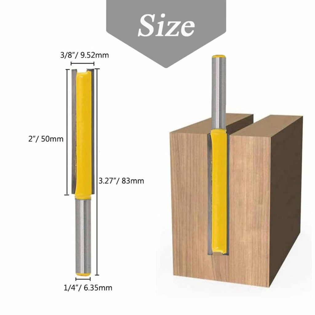 Straight router bit with yellow double-flute cutter and silver 1/4 in shank