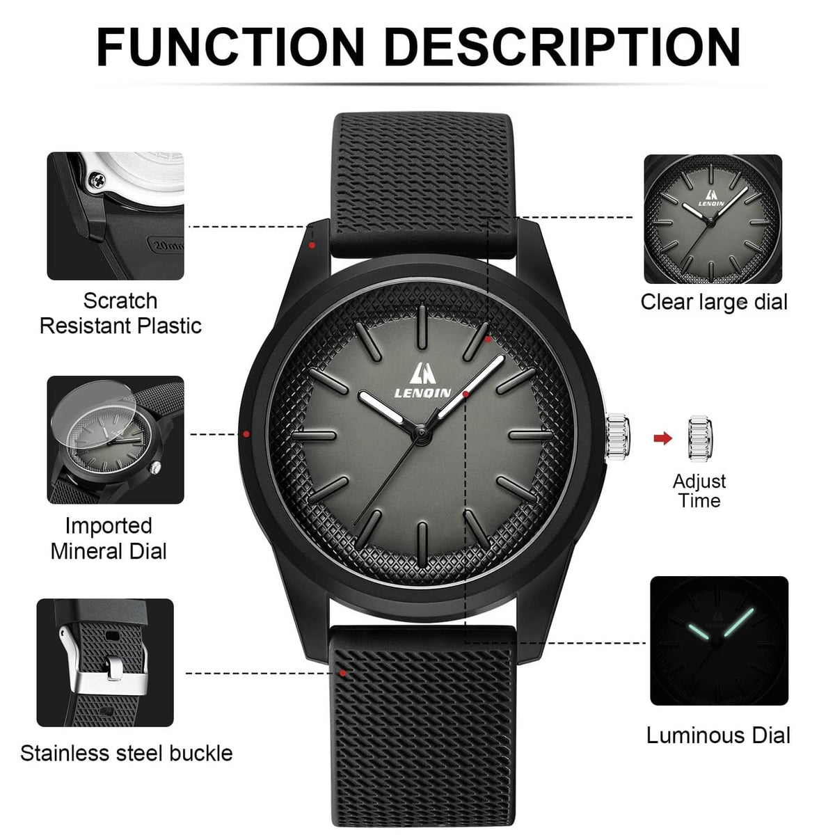 Black men's wristwatch with textured strap and large dial featuring baton hour markers.