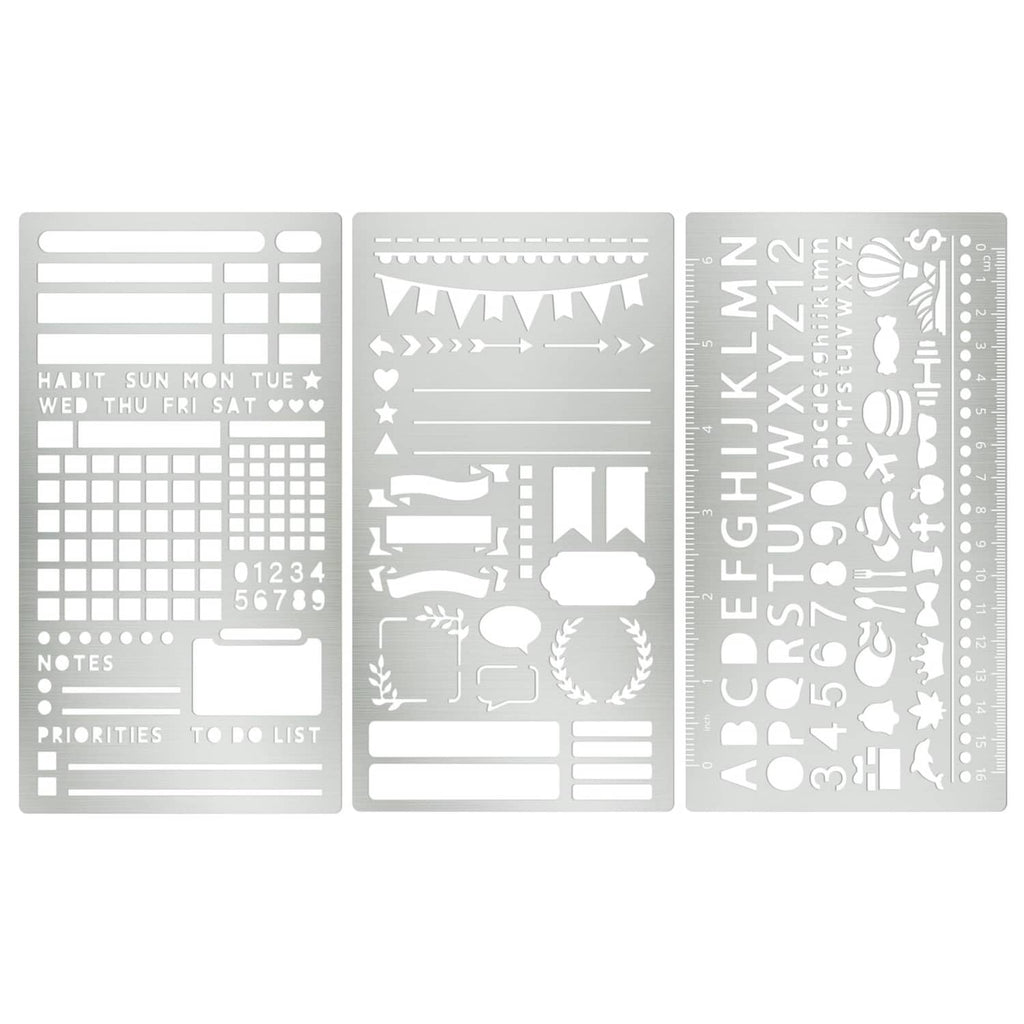 Silver metal journal planner stencil set of 3 sheets with calendar, icons, and letters