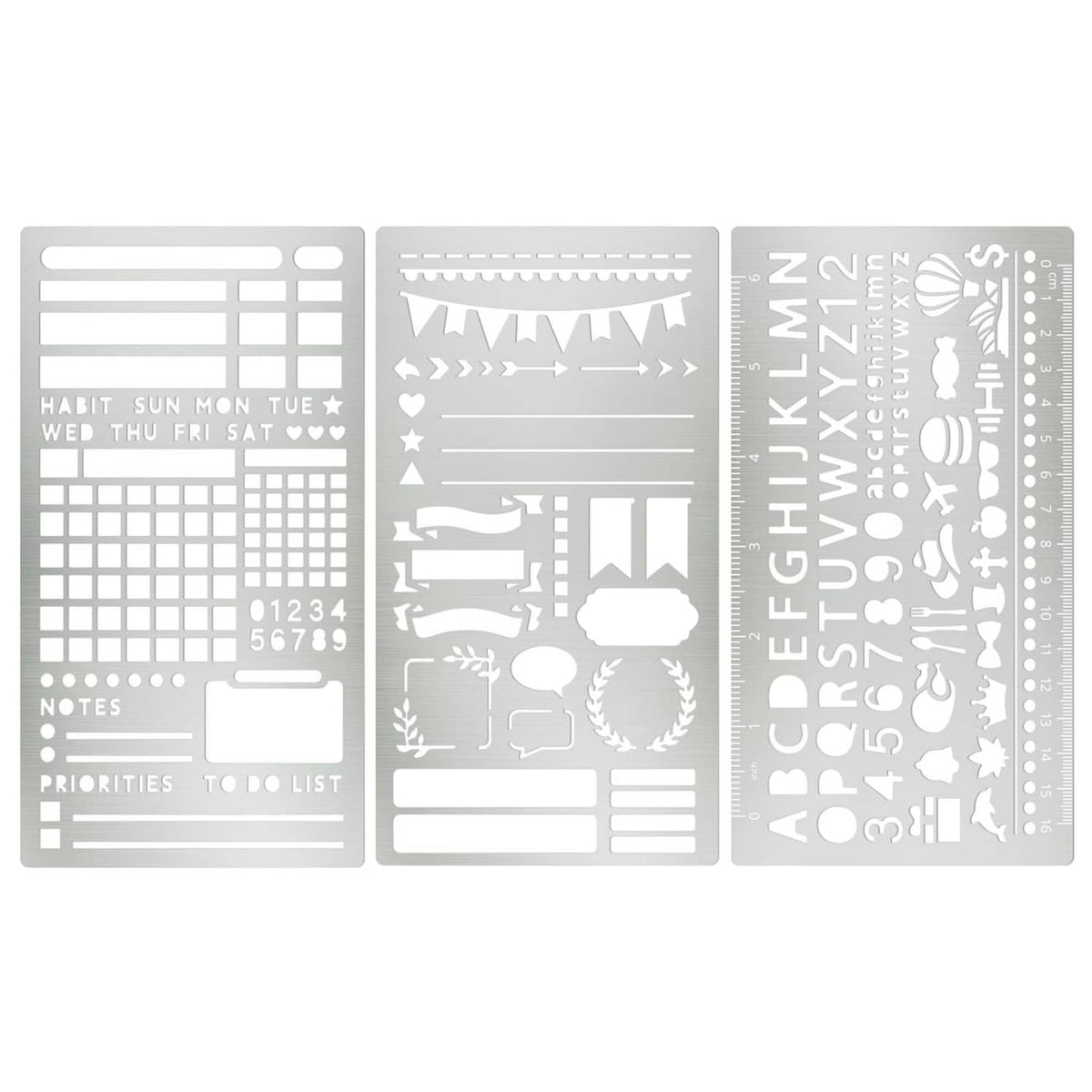 Silver metal journal planner stencil set of 3 sheets with calendar, icons, and letters