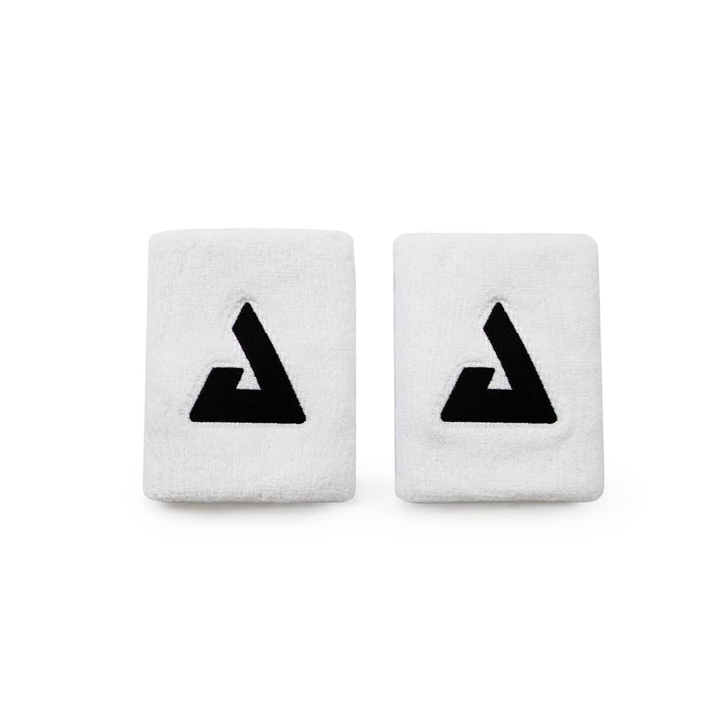 White JOOLA Trinity wristbands (2-pack) with black logo marks